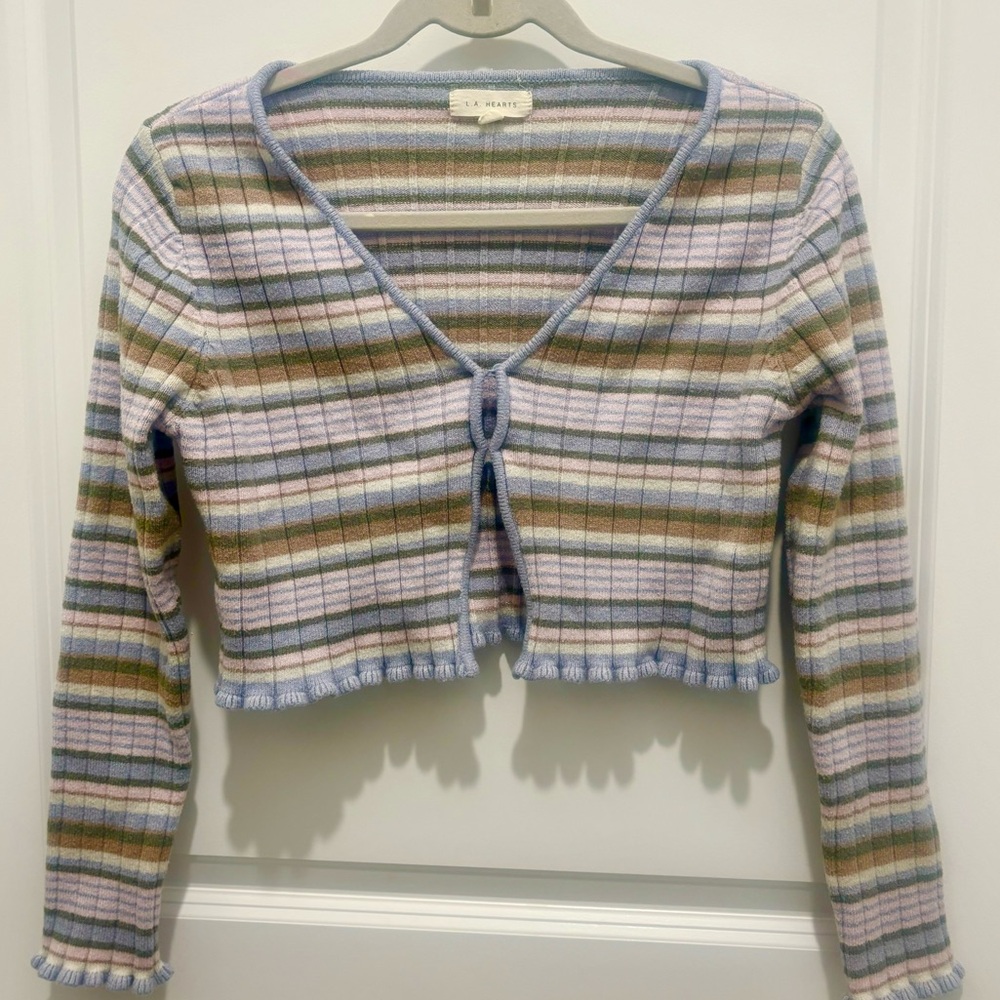 Y2K Striped Cropped Spring Cardigan M Soft Girl Coquette Top